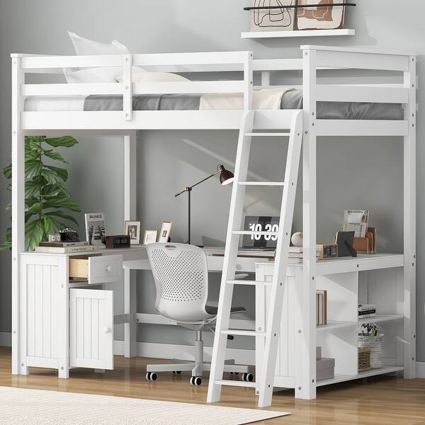 slide 2 of 24, Full Size Loft kids Bed Frame with U-Shaped Desk, Storage Shelves, Cabinet & 2-Drawers, Safety Guardrails for Bedroom, White White