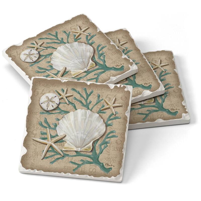 Counterart Absorbent Stone Coasters - Linen Shells - Set of 4 - 4x4x2