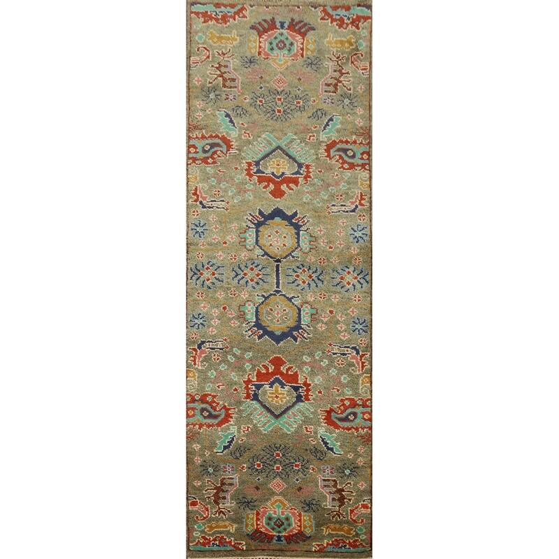 Hand Knotted Oriental 100% Wool Carpet Transitional All-Over Green Oushak Runner Rug - 8' 1'' X 2' 7''