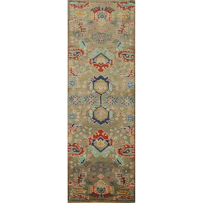 Hand Knotted Oriental 100% Wool Carpet Transitional All-Over Green Oushak Runner Rug - 8' 1'' X 2' 7''