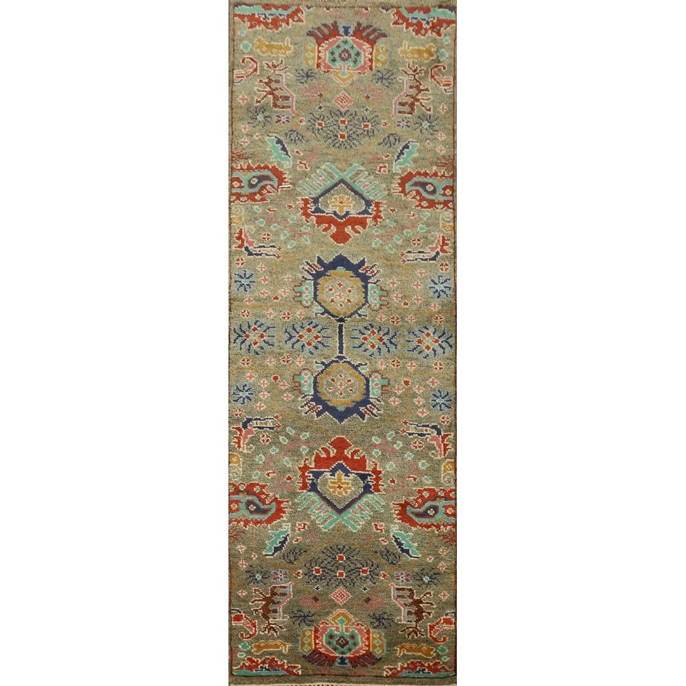 Hand Knotted Oriental 100% Wool Carpet Transitional All-Over Green Oushak Runner Rug - 8' 1'' X 2' 7''