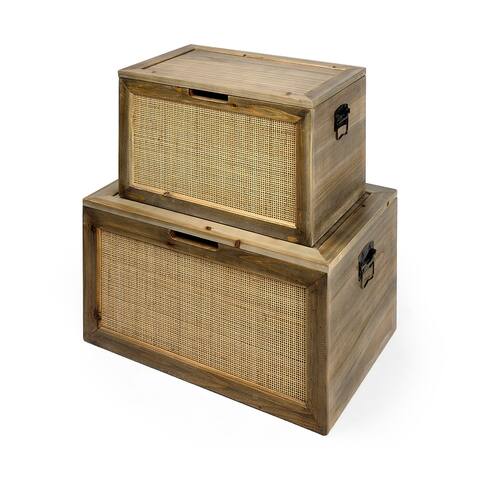 Sonny 23.6L x 15.7W x 13.8H Set of Two Brown Wood and Wicker W/ Metal Detail Rectangular Boxes - 23.6L x 15.7W x 13.8H