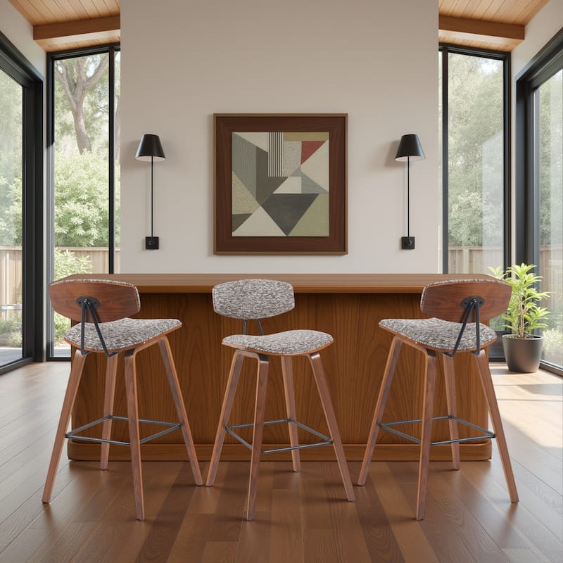 Fox Mid-Century Bar Stool, Upholstered Counter Height Chair with Bentwood Legs - Set of 3 - Speckled Brown Fabric & Walnut - Bar Height