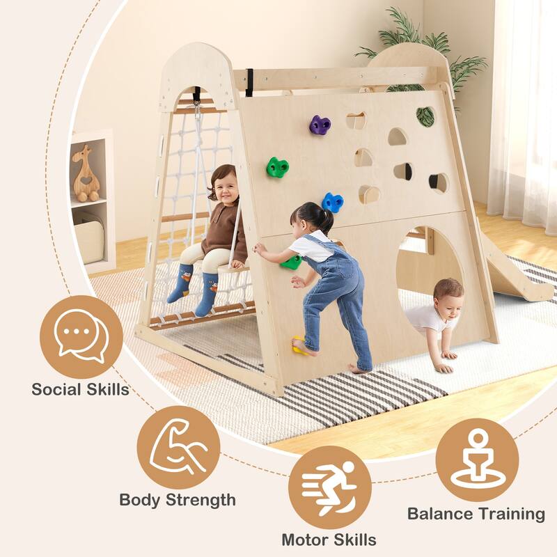 8-in-1 Indoor Jungle Gym Wooden Playground with Swing and Climbing Wall-Natural - Multi