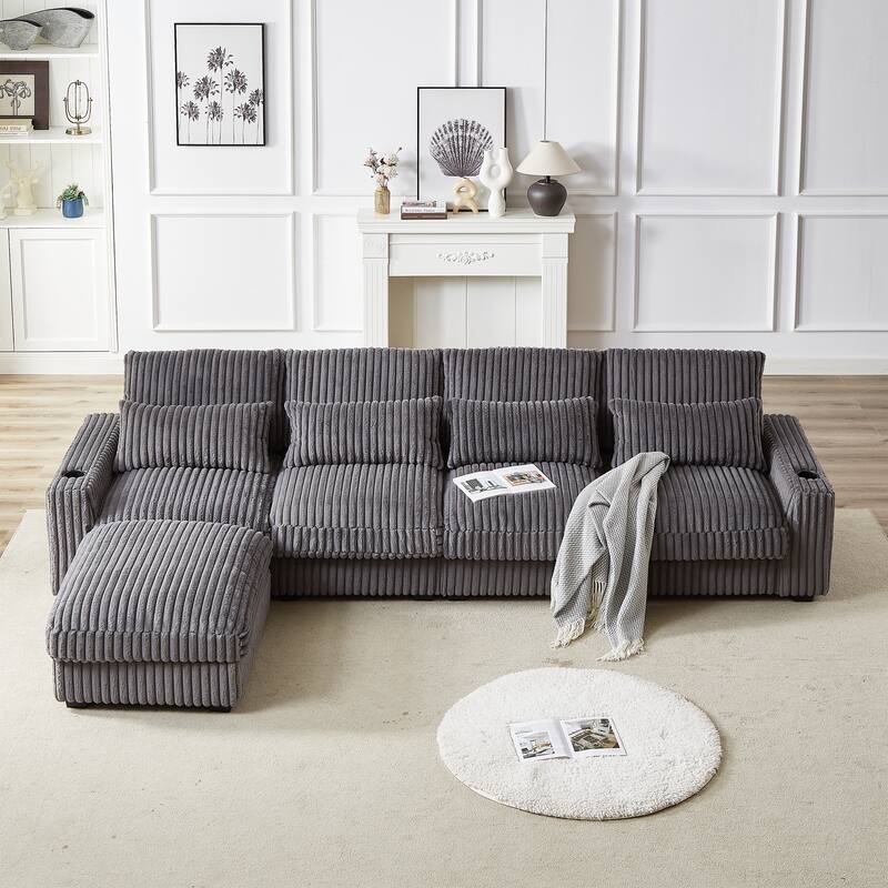126" Corduroy L-Shaped Sectional Sofa with USB & Cup Holders - Grey