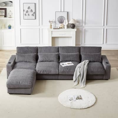 126" Corduroy L-Shaped Sectional Sofa with USB & Cup Holders