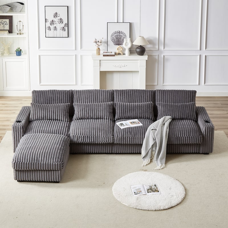 Super Large 126-Inch Corduroy L-Shaped Sofa with Cup Holders, USB Port, Movable Footrest, and 8 Cushions. - Grey