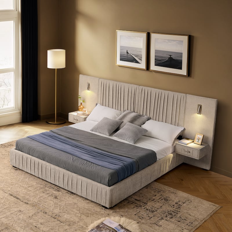 Pleating Upholstered Bed Platform Bed Frame with Enlarged Widened Headboard and Integrated Bedside Table Adjustable Bedside Lamp