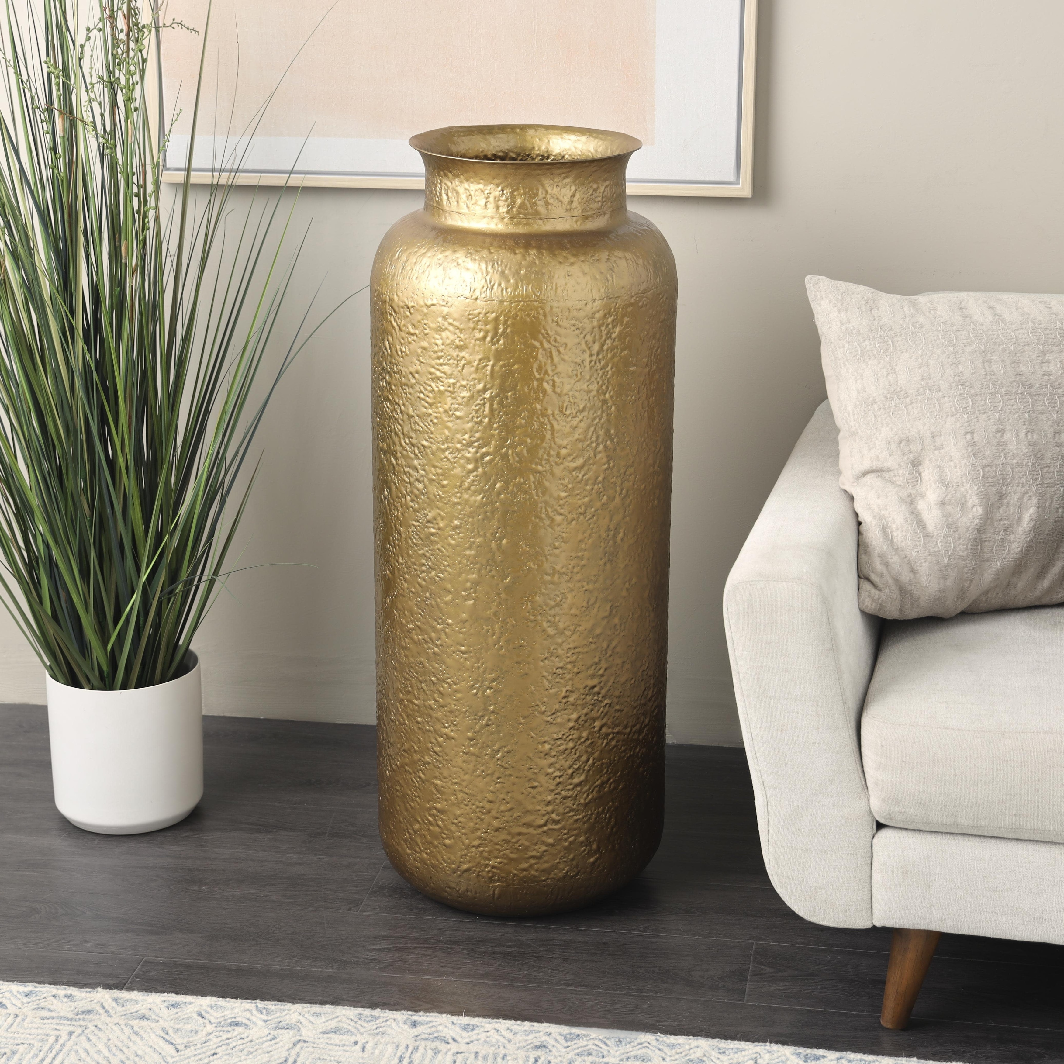 Metal Tall Textured Hammered Floor Decorative Vase - Gold