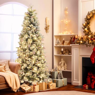 6.5Ft Pre-Lit Flocked Artificial Christmas Tree with Berries and Pinecones - 78" H x 40.6" Diameter