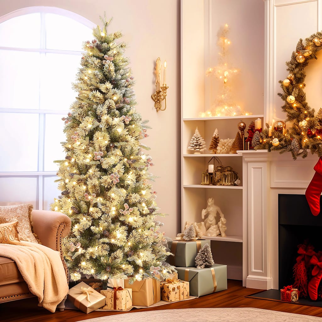 6.5Ft Pre-Lit Flocked Artificial Christmas Tree with Berries and Pinecones - 78" H x 40.6" Diameter