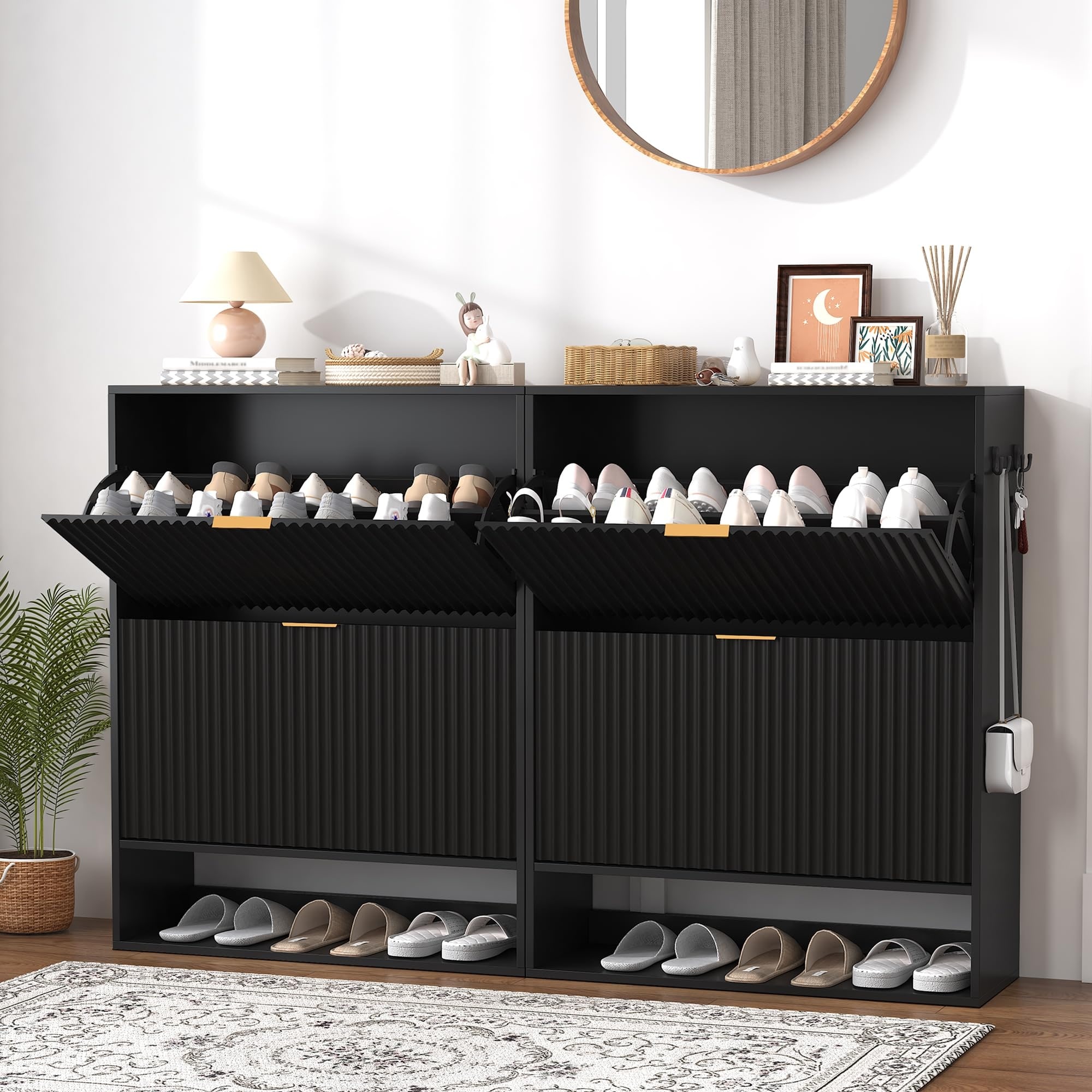 2 Pack Fluted Shoe Storage Cabinet, Slim Hidden Shoe Rack Cabinet with 2 Flip Drawers & Bottom Open Shelf