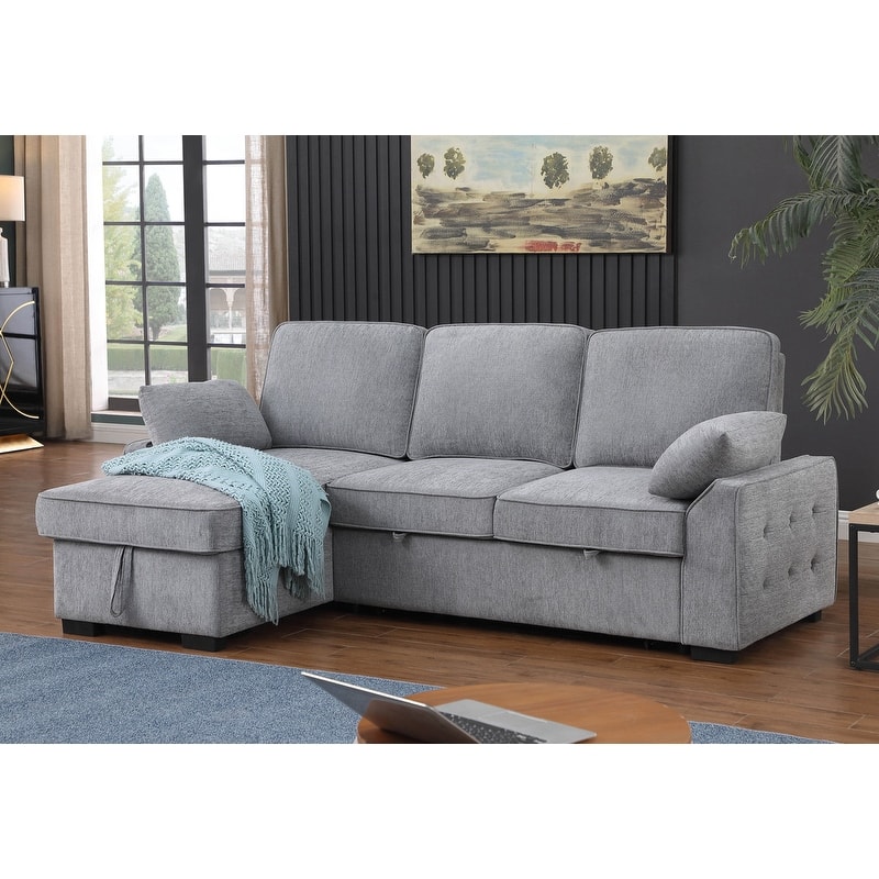 Mackenzie 91"W Chenille Fabric Reversible Sleeper Sectional with Storage Chaise, Drop-Down Table, Cup Holders & Charging Ports