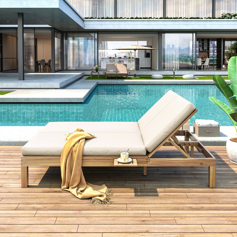 Patio Outdoor Chaise Lounge w/ Cushion & Folding Side Trays & 5-Position Backrest, Gray