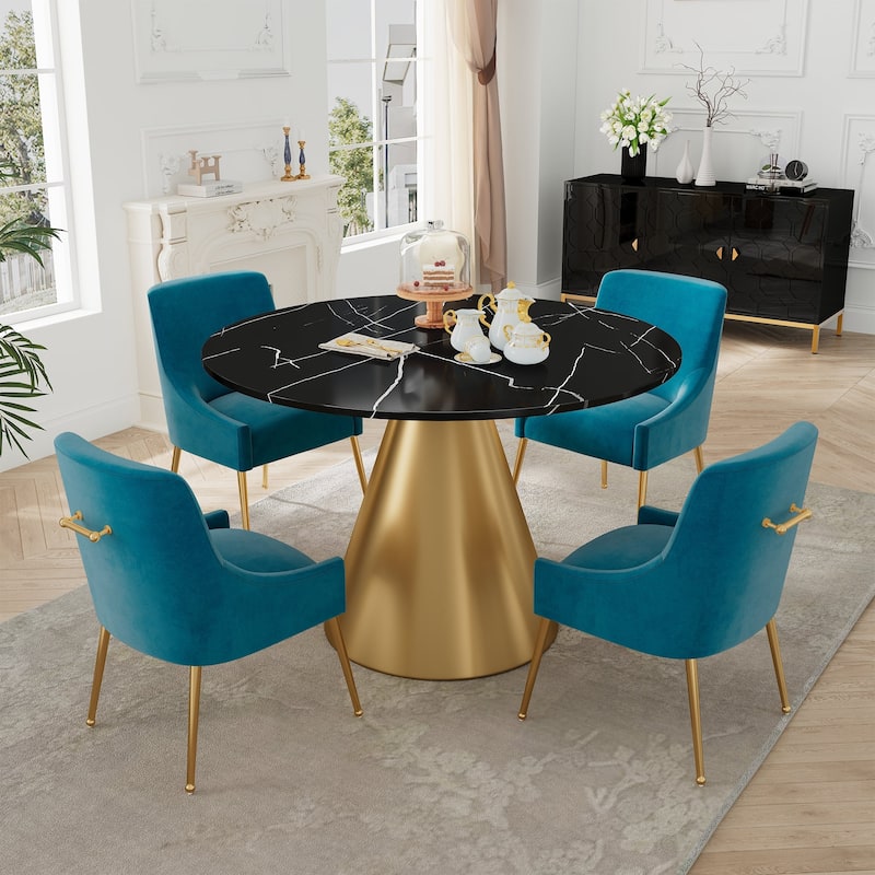48" Marble Top Metal Dining Table with Velvet Dining Chair Set