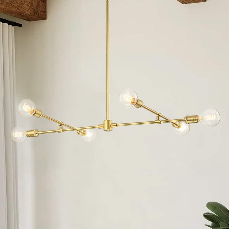 6-Light Mid-Century Brass Metal Pendant Light for Dining Room - 6 Light - Claer