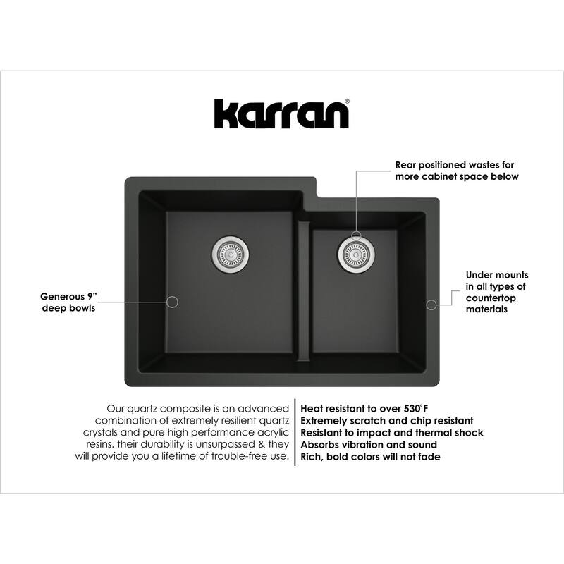 Karran 32" Undermount Large/Small Bowl Quartz Kitchen Sink Kit - 32" x 21.25" x 9"