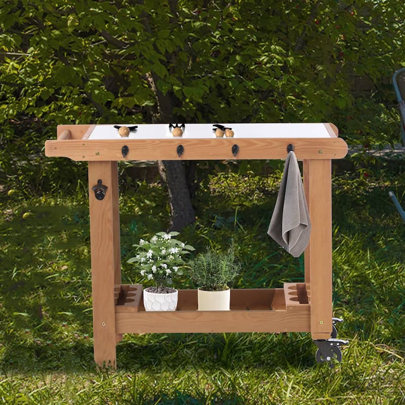 Outdoor Wooden Garden Cart Table with Wheels, Metal Top and Storage Hook, for Patio Backyard Garden