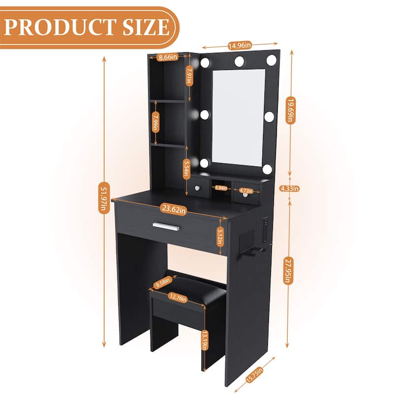 Vanity Table with Mirror & Adjustable LED Lights, Power Outlet, Hairdryer Holder & Stool - Black