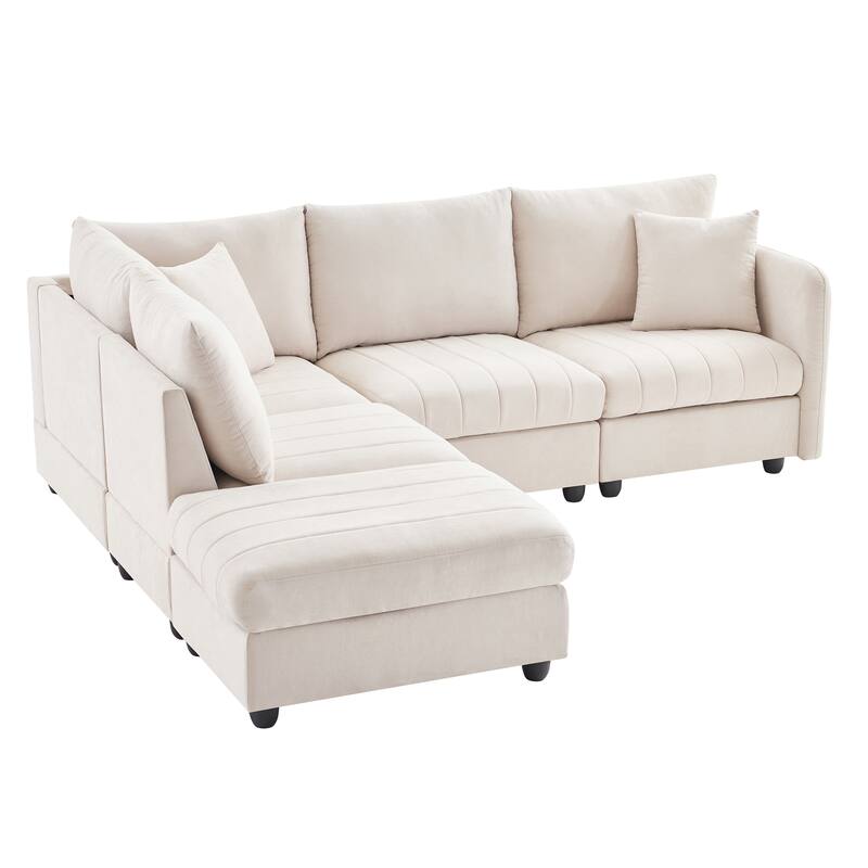 Modular L-Shaped Sectional Sofa with Movable Ottoman, 5 Seat Corner Couch with Throw Pillows, Comfy Cloud Upholstered Sofa