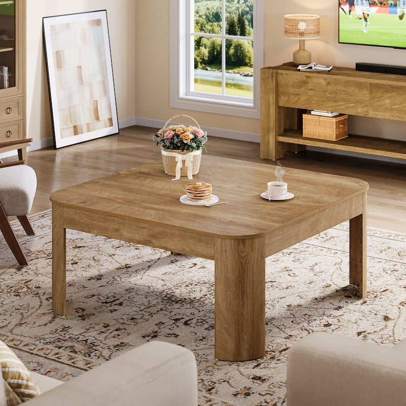 Farmhouse Square Coffee Table, 39.37" Wooden Center Tea Table with Sturdy Curved Legs for Living Room