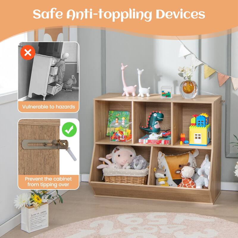 5-Cube Wooden Kids Toy Storage Organizer with Anti-Tipping Kits - 35.5" x 16" x 30"