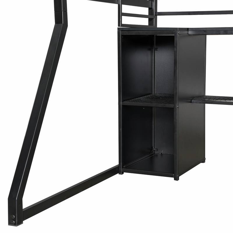 Full Size Metal Gaming Loft Bed with Built-in Work Station, Open Wardrobe, LED Lights