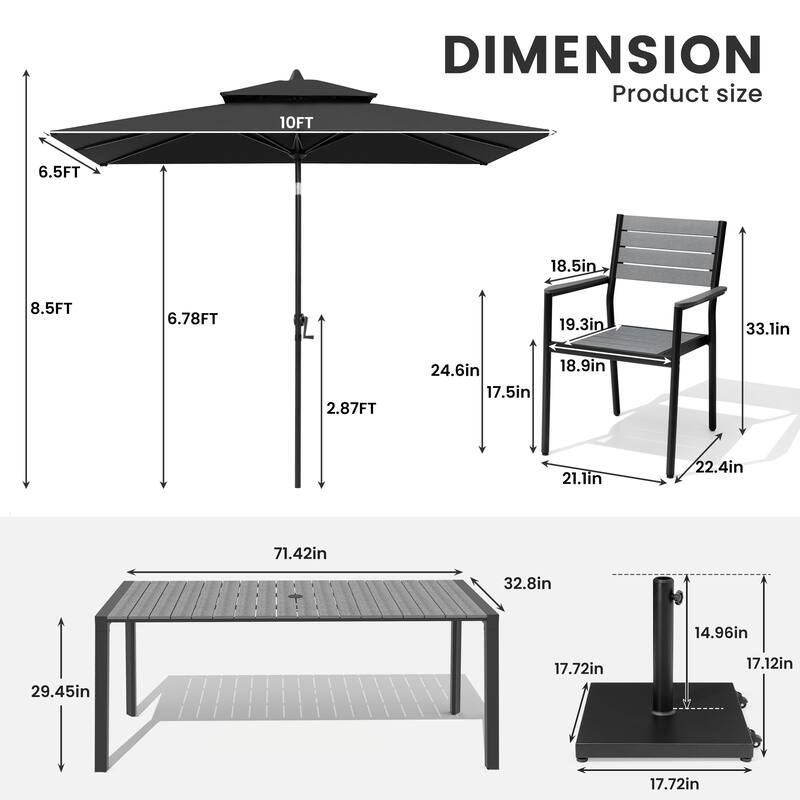 9/11-Piece Patio Dining Set Aluminum Dining Table and Chairs w/10 ft Market Umbrella and Base with Wheels