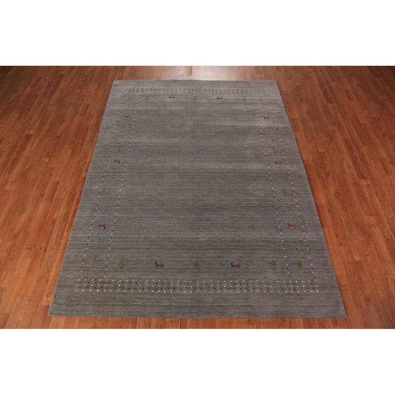 Tribal Gabbeh Oriental Area Rug Handmade Grey Modern Wool Carpet - 5'8" x 7'10"