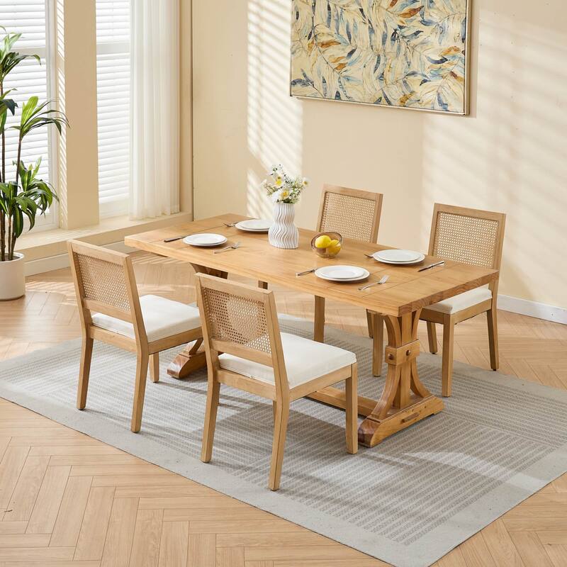 Rattan Dining Chairs Set of 2, Mid Century Modern Kitchen & Dining Room Chairs, Upholstered Side Chair with Hardwood Frame