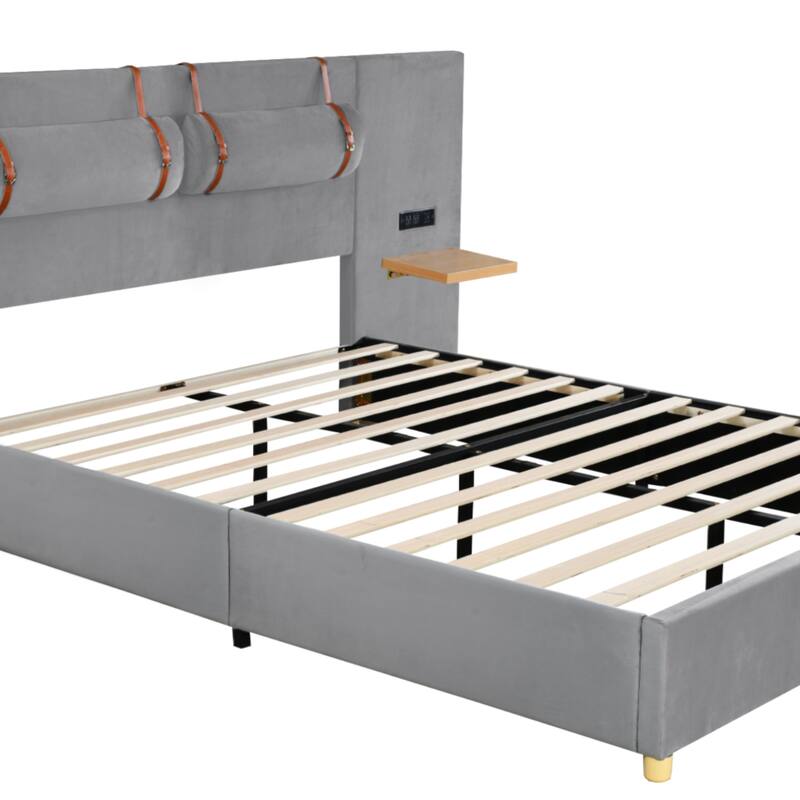 Full/ Queen Size Upholstered Platform Bed Frame with 2 USB Ports, Head Pillows and Side Storage Shelves