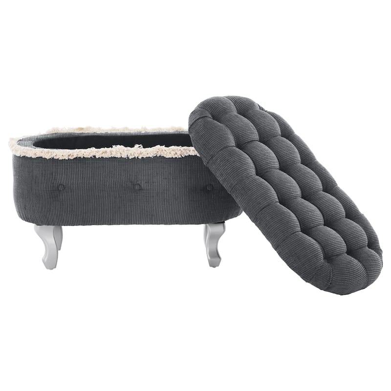 Roomfitters Upholstered Storage Bench with Button Tufted Top, End of Bed Bench with Fringe and Curved Legs