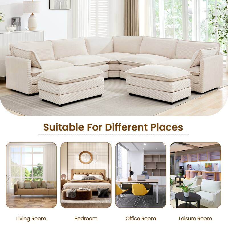 7-Seater Corduroy Sectional Sofa with 2 Removable Ottomans & Corner Seat, Soft & Comfortable - 5 Seats with 2 Ottoman