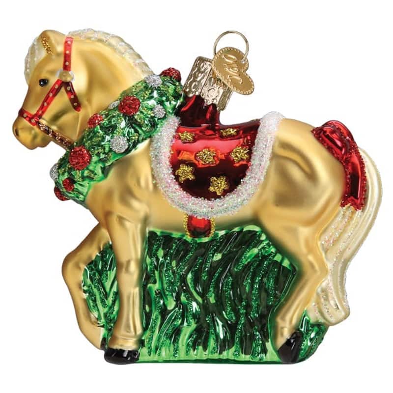 Horse with Wreath Christmas Holiday Ornament Blown Glass - Multi