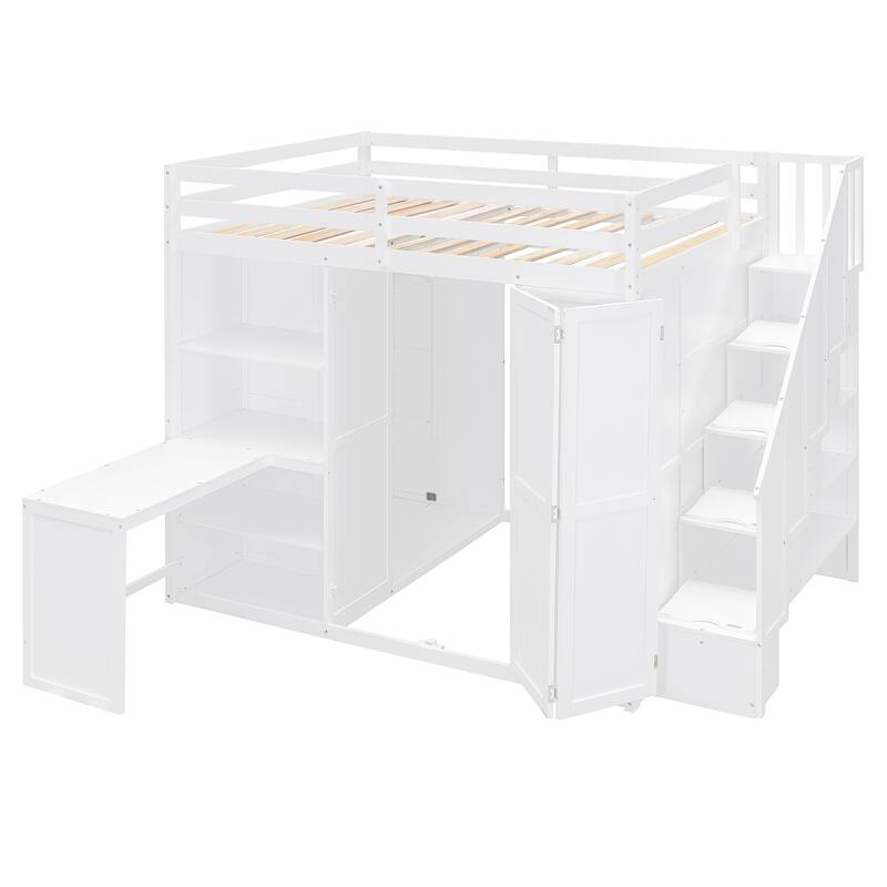 Versatile Full Size Loft Bed with Built-In Workspace, Open Shelves and Storage Stairs, Private Dressing Area with Foldable Door