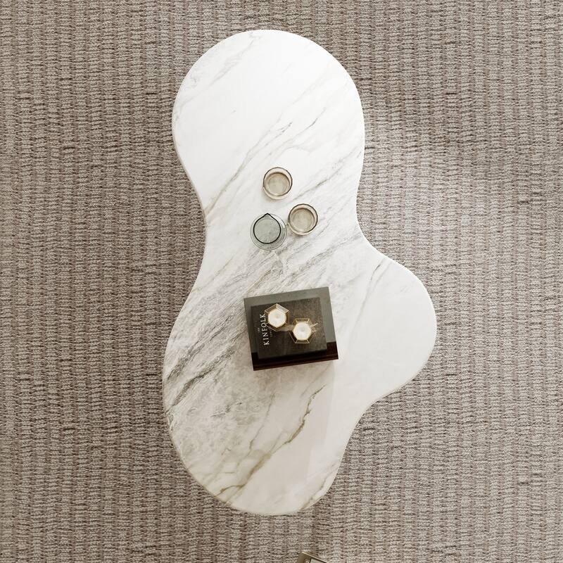 54.8" Modern Coffee Table, Glossy Faux Marble top, Metal Legs with wood texture