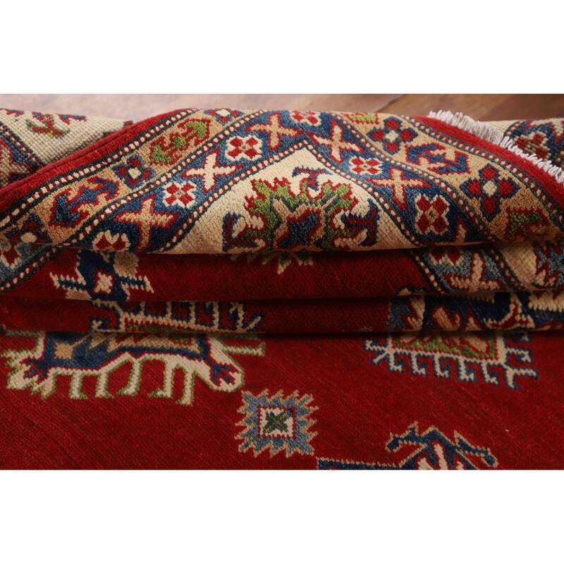 Geometric Kazak Area Rug Hand-Knotted Oriental Red Wool Carpet - 6'6" x 9'11"