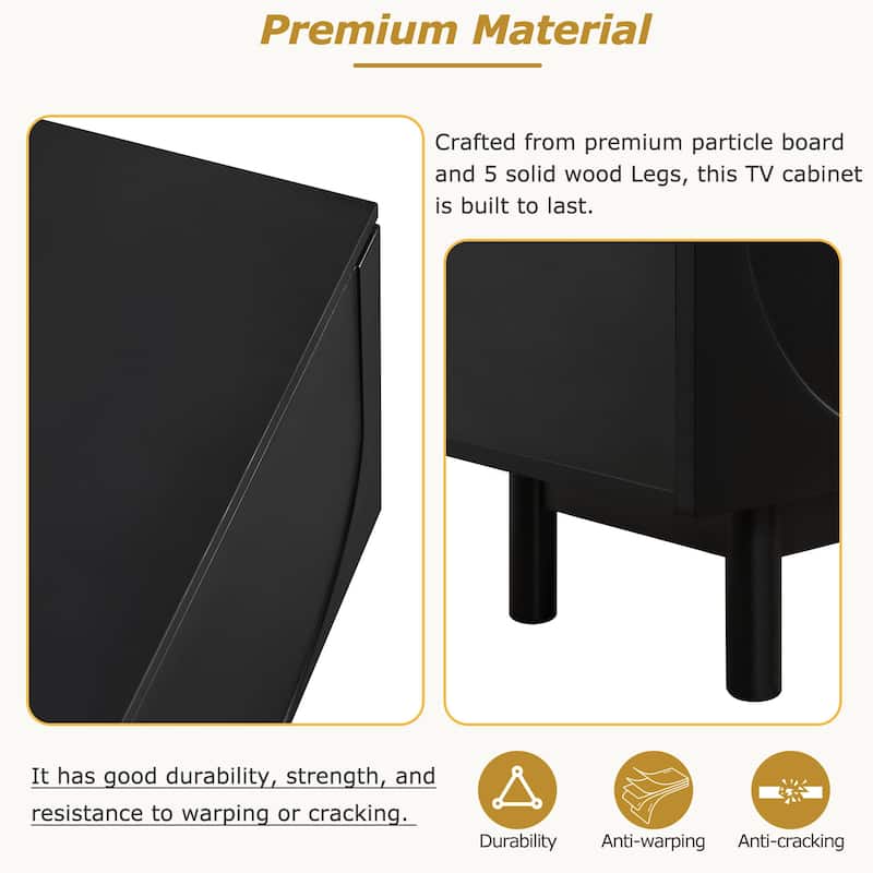 Black 70" TV Stand with Wood Legs, Cabinets & Shelves for TVs Up to 78"