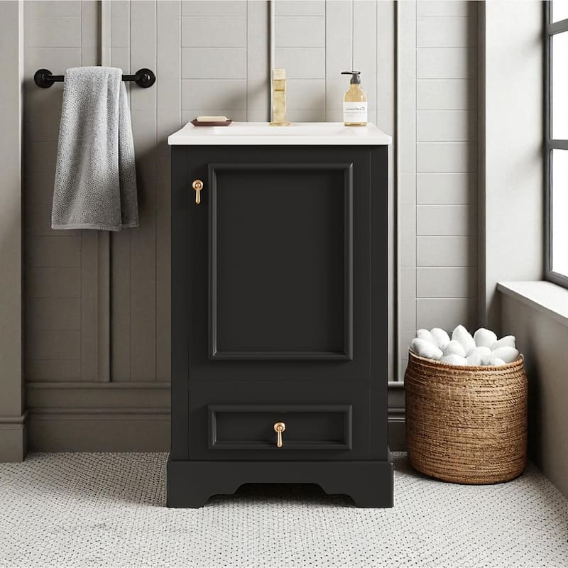 20" Bathroom Vanity with Ceramic Sink, Soft-Close Door, Drawer, Adjustable U-Shaped Shelf, Modern Freestanding Design - Black