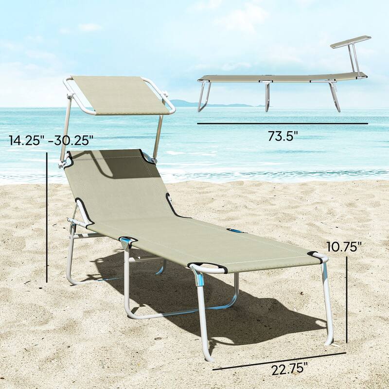 Outsunny Outdoor Lounge Chair, Adjustable Folding Chaise Lounge, Tanning Chair with Sun Shade for Beach, Camping, Hiking