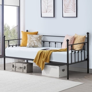 VECELO Metal Twin Size Daybed with Antique Graceful Lines, Daybed with Trundle, Black&White