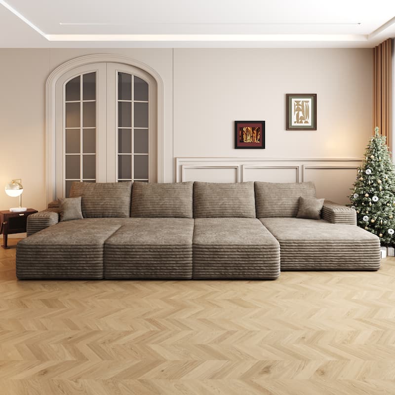 Oversized Modular Sleeper Sofa Bed Floor Standing Sectional Couch Corduroy Upholstered Compression Sofa with Chaise and Ottomans
