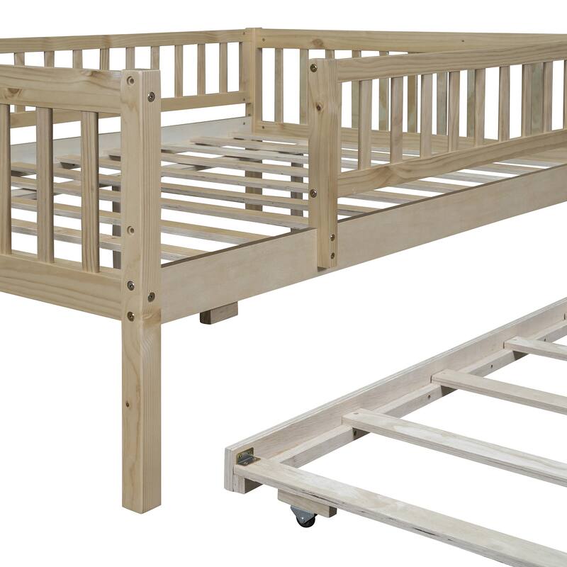 Full Size Wood Daybed with Trundle and Fence Guardrails, Space-Saving Design