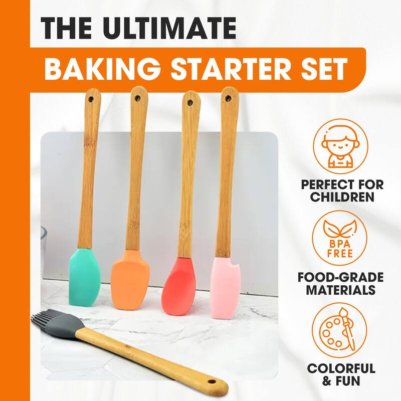 Cheer Collection Mini Silicone Baking Spatula Set for Kids with Bamboo Handles 5 Piece Utensil Set - Set of 5
