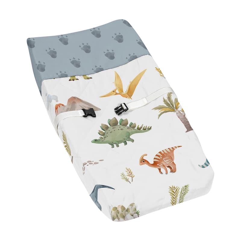 Sweet Jojo Designs Watercolor Dinosaur Dino Boy Changing Pad Cover Green Blue White Modern Nature Jurassic Animal Footprint Tan