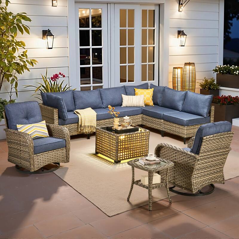 HOOOWOOO 10-piece Outdoor Furniture Wicker Swivel Rocking Chair Set - Denim Blue
