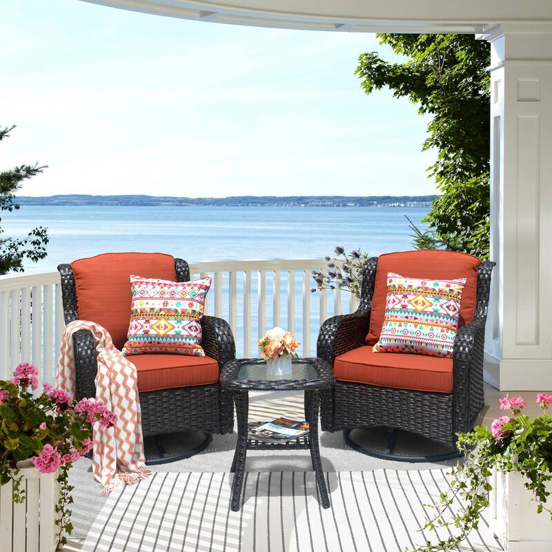 OVIOS 3-piece Rattan Wicker Rocking Swivel Chair Set