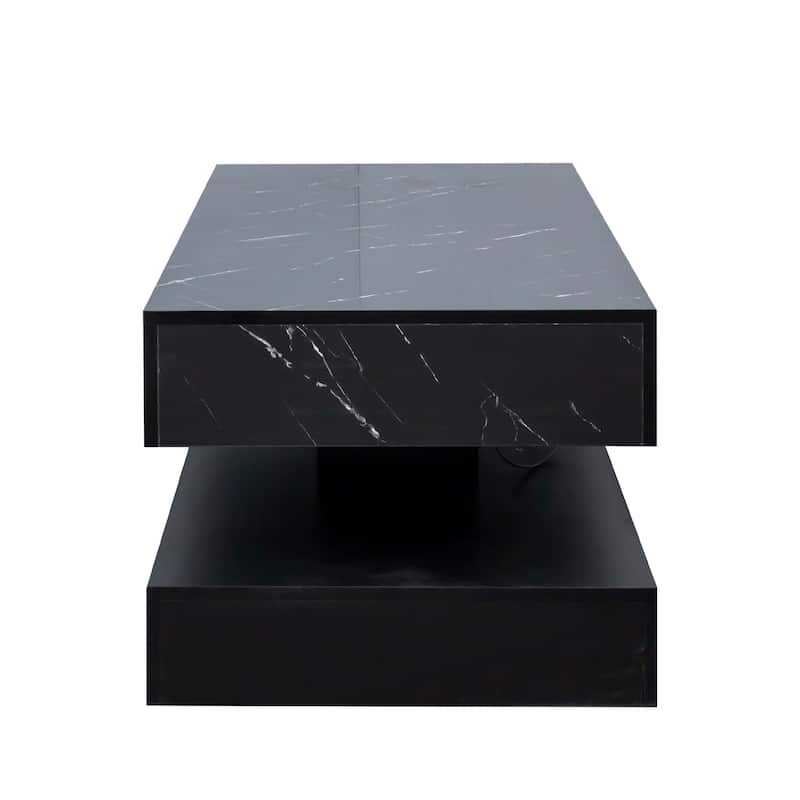 High-Glossy LED Coffee Table with 2 Drawers, Living Room Storage Tables with Marbling Print, Stylish Double-Layer Center Tables
