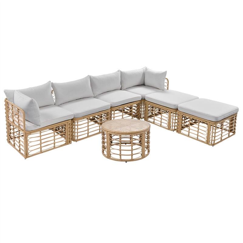 7 Pieces Outdoor Patio Furniture Set with Coffee Table, All-Weather Rattan Sectional Sofa Set with Thick Cushions and Pillows