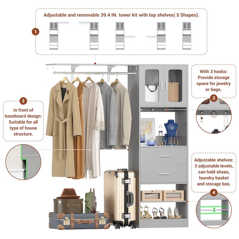 Rackcog Closet System with Doors and Drawers, Storage Organizer with DIY Shelving for Walk-in Closet